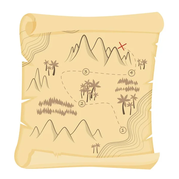 Cartone animato vintage mappa del tesoro su papiro vettoriale illustrazione grafica — Vettoriale Stock