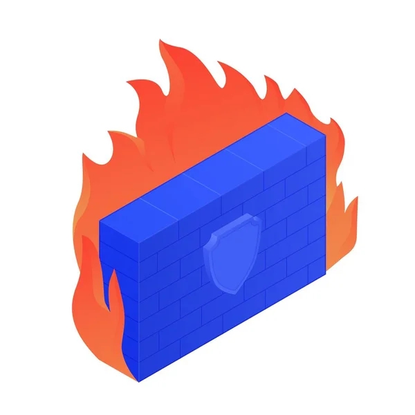 Dessin animé mur de briques vives en feu avec icône de bouclier illustration graphique vectorielle — Image vectorielle