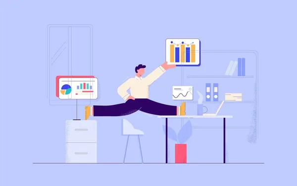 Dessin animé homme d'affaires gymnastique travaillant au bureau avec graphique et diagramme vectoriel plat illustration — Image vectorielle