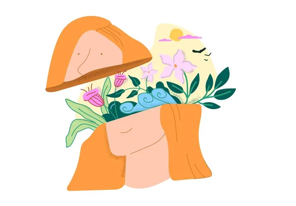 Dessin animé tête féminine avec beau bouquet de fleurs et paysage isolé sur fond blanc — Image vectorielle