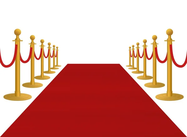 Realistic bright red carpet with barriers 3d vector illustration. Luxury entrance to vip event — Stock Vector