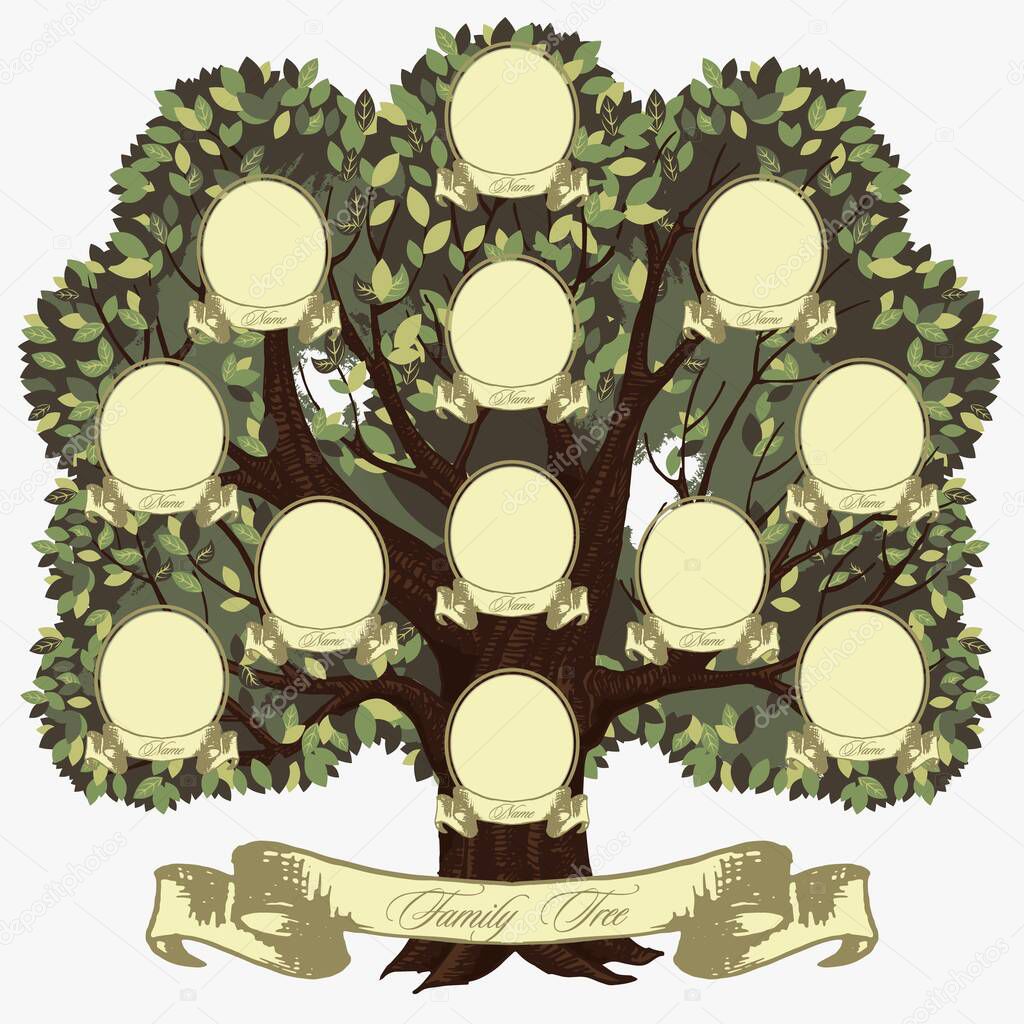 Cartoon genealogical family tree with lettering inscription vector graphic illustration