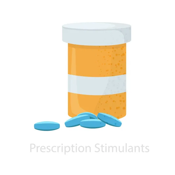 Comprimidos antidepressivos e um frasco para o seu armazenamento. A prescrição conceito — Vetor de Stock