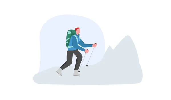 การปีนเขาเดินบนภูเขาหิมะ การท่องเที่ยวภูเขาสุดขั้ว — ภาพเวกเตอร์สต็อก