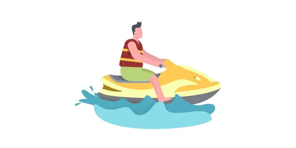 Un uomo guida una moto d'acqua. Illustrazione nei caldi colori giallo-rosso — Vettoriale Stock