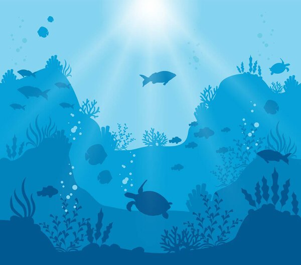 Illustrated underwater world on a deep blue background