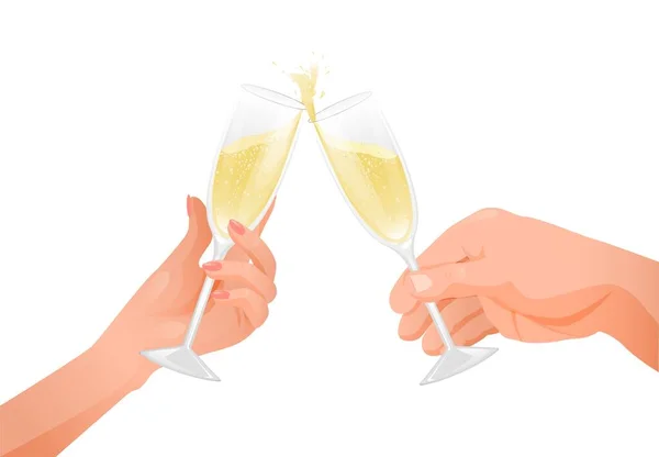 Male and female hand holds champagne glasses. Illustration of a festive mood — Stock Vector