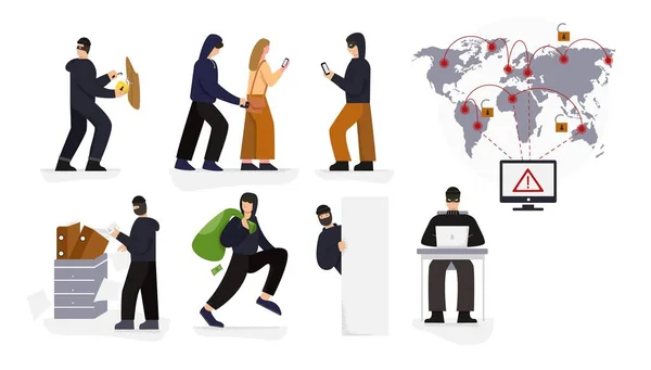 Infografiken über Hacker-Cyber-Kriminalität mit Hacking und Identitätsdiebstahl Illustrationen — Stockvektor