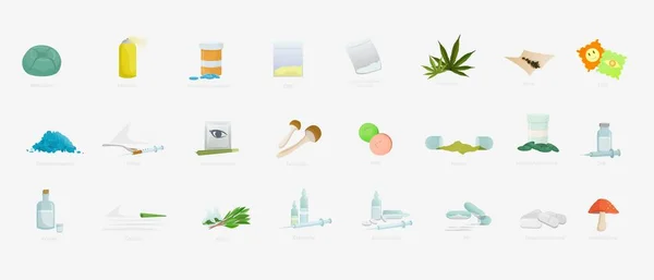 Iconos de drogas narcóticas ilustrados en color. Diferentes tipos de drogas — Vector de stock