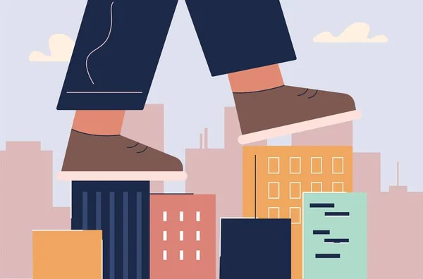 Cartoon menselijke voet in schoenen gaan op daken van huizen vector platte illustratie — Stockvector