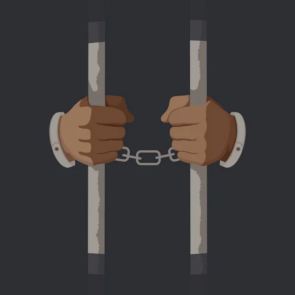 Arms of male prisoner in handcuffs holding jail bars vector graphic illustration — Stock Vector