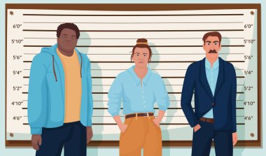 Polis teşhisi vektör grafik illüstrasyonunda duran bir grup karikatür suçlusu