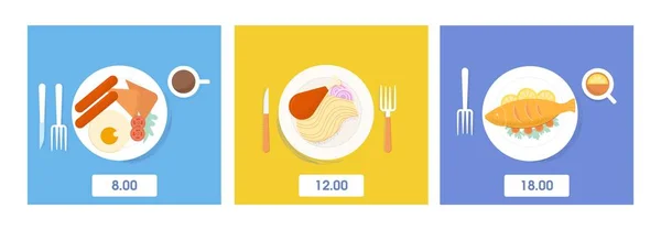 Набор продуктов питания и напитков ужин, обед и завтрак вид сверху векторная плоская иллюстрация — стоковый вектор