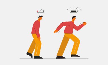 Pil sembolü olan yorgun ve enerjik bir işçi. Yorgun, dinlenmiş ve şarj gücü okuyan bir adam..