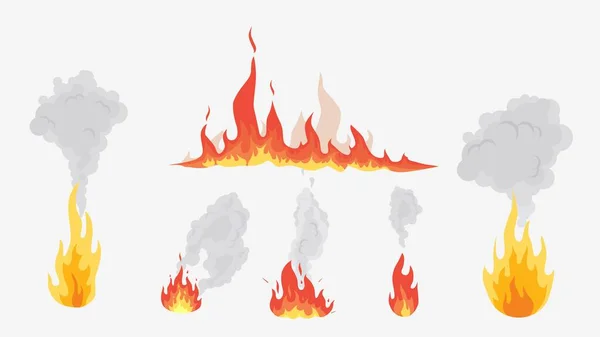 Las llamas y el humo en varias formas. Diferentes tipos de fuego — Vector de stock