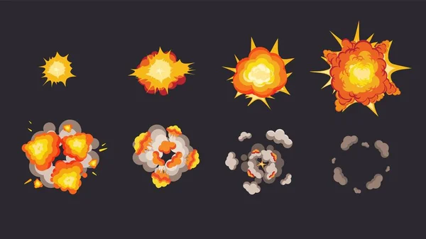 Animación de explosión en storyboard. Explosivos detonantes de energía con fases posteriores . — Vector de stock