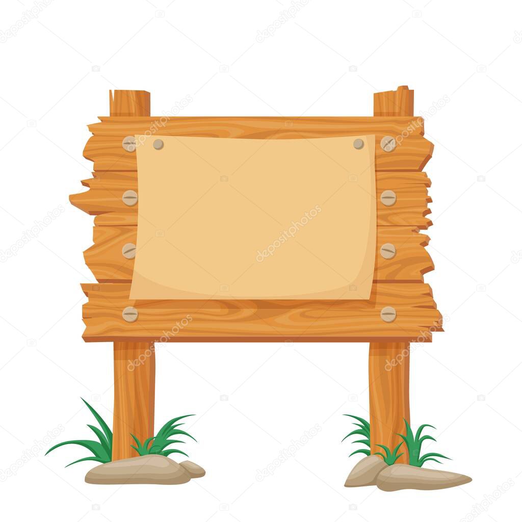 Wooden sign for announcements. Cartoon wooden poster noticeboard travel marketing.