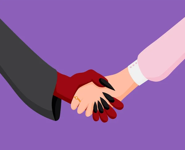 Businesswoman handshake with devil. Successful deal agreement with evil woman. — Stock Vector