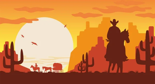 Vahşi batı manzara silueti. Siluet kovboy atlı karavanda.