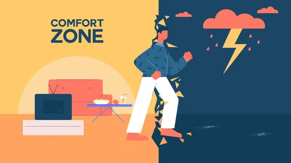 Uomo dei cartoni animati lasciare zona di comfort a piedi per lavorare vettoriale illustrazione piatta — Vettoriale Stock