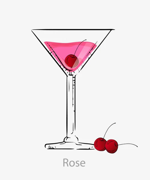 Rosa do Cocktail. Cereja coquetel vermelho bebida longa vermute seco alcoólico cereja . —  Vetores de Stock
