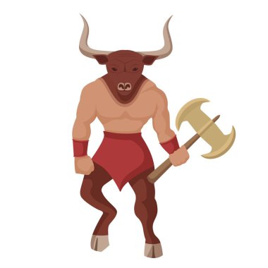 Minotaur with battle ax. Mythical greek colored powerful creature the half human bull. clipart