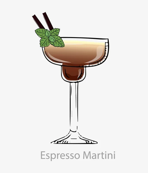 Cóctel de martini expreso. Cóctel marrón dos pajitas y hoja de menta vodka base alcohol digestif . — Vector de stock