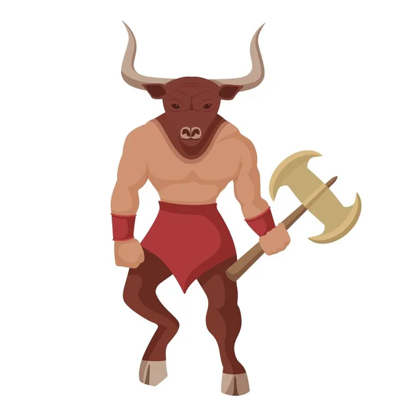 लड़ाई धुरी के साथ Minotaur। पौराणिक ग्रीक रंगीन शक्तिशाली प्राणी आधे मानव बैल . — स्टॉक वेक्टर