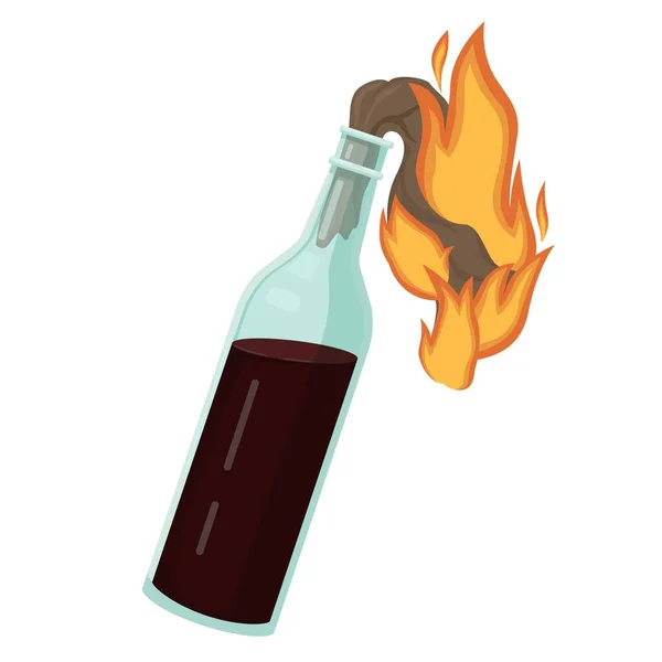 Un cocktail de molotov brûlant. Bouteille liquide explosif et mèche de chiffon brûlante . — Image vectorielle