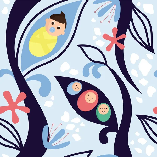 Cute maluch zawinięty w pieluchę otoczony przez kolorowe abstrakcyjne gałęzie wektor płaska ilustracja — Wektor stockowy