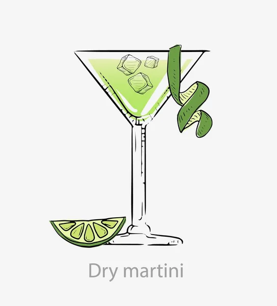 Cóctel de martini seco. Cóctel, verde con rodajas de cáscara verde limón aperitivo alcohólico a base de vodka . — Archivo Imágenes Vectoriales