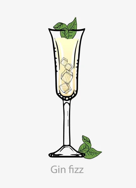 Cóctel Gin fizz, Cóctel amarillo con hielo cubos de menta ginebra a base de alcohol digestif . — Archivo Imágenes Vectoriales