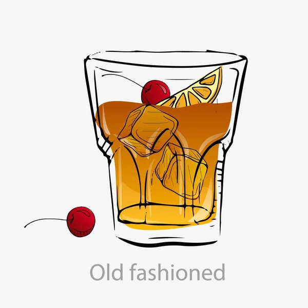 Old fashioned cocktail. Orange cocktail with orange slice ice cubes cherries. — Stock Vector