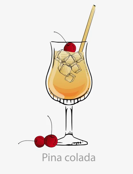 Pina-Cola-Cocktail. Gelbe Cocktailkirschen Strohhalme Eiswürfel Longdrink Alkoholiker. — Stockvektor