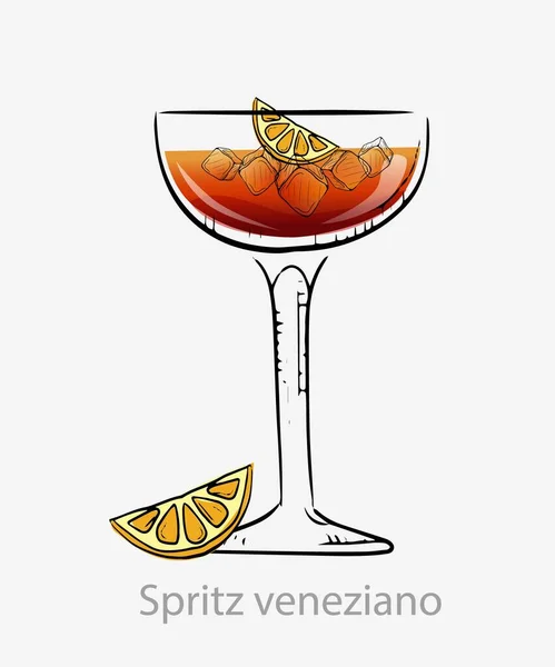 Spritz de cóctel veneziano. Naranja cóctel hielo cubos rebanada naranja . — Vector de stock