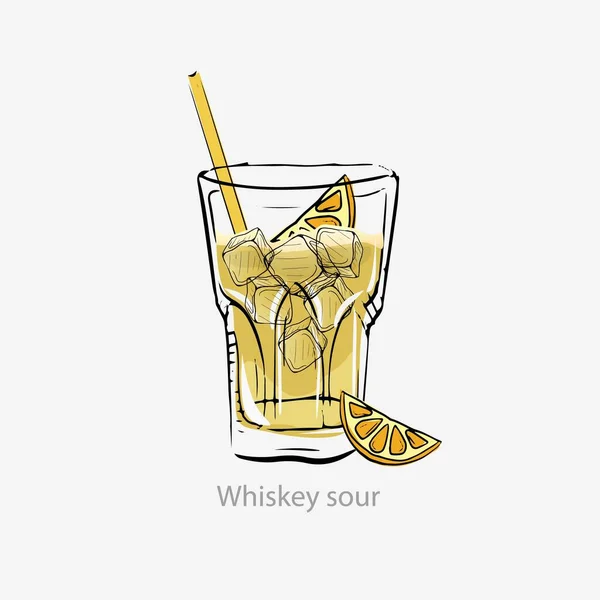 Cóctel de whisky agrio. Cubos de hielo de cóctel amarillo, paja de rebanada naranja . — Vector de stock