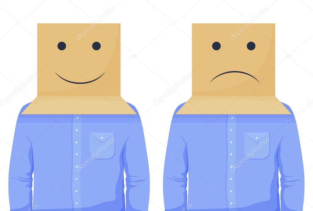 Cartoon business man in positive and negative box head vector graphic illustration