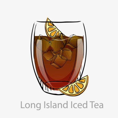 Long Island Buzlu Çayı kokteyli. Koyu turuncu buzlu limon dilimleri. Alkol bazlı votka..