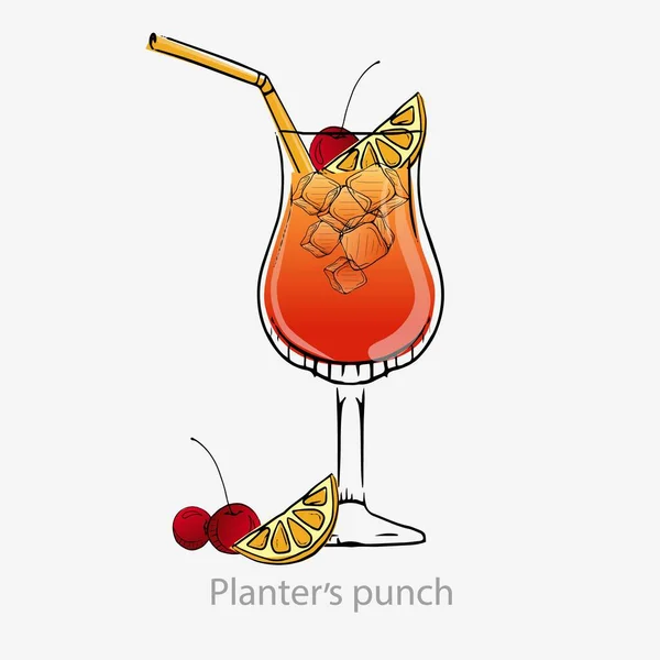 Cocktail planter punch. Mörk apelsin cocktail körsbär halm is kub citron skiva. — Stock vektor