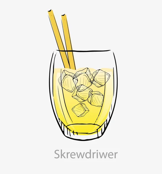 Tournevis à cocktail. Cocktail jaune glaçons pailles jaunes alcool boisson longue . — Image vectorielle