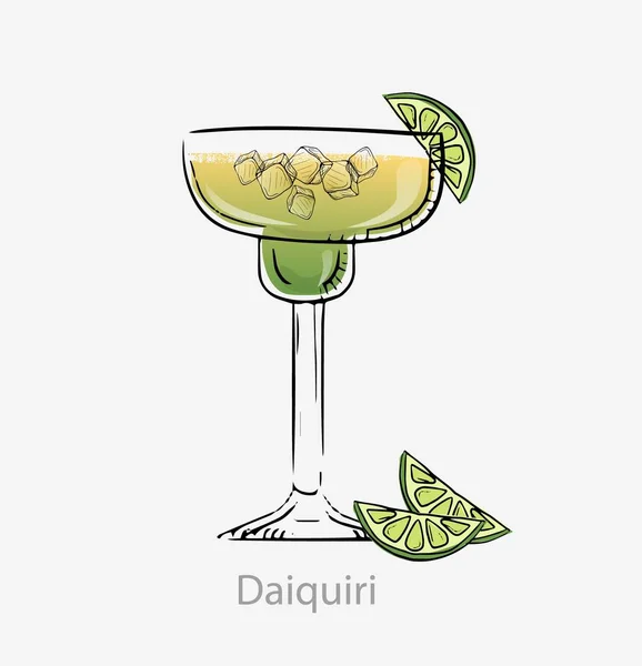 Cóctel Daiquiri. Cóctel, aperitivo cubano alcohólico a base de ron ligero zumo de lima azúcar . — Vector de stock