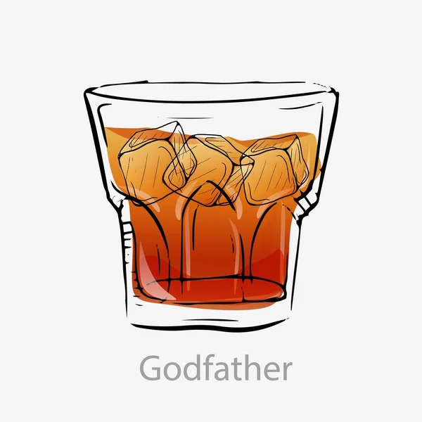 The godfather cocktail. Light orange cocktail ice cubes alcoholic digestif. — Stock Vector