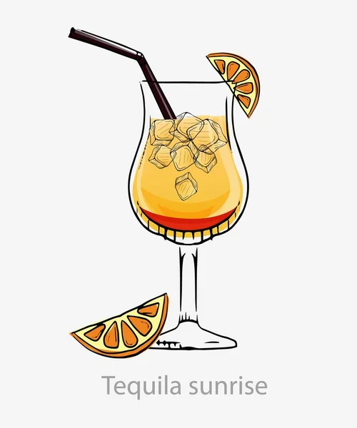 Tequila sunrise cocktail. Žlutý koktejl led kostky oranžové plátek brčka. — Stockový vektor