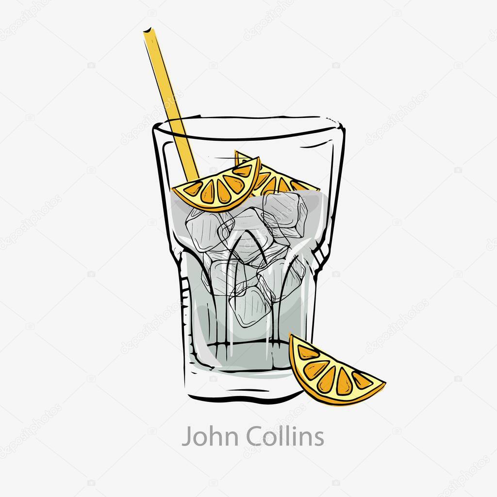Cocktail john collins. White cocktail ice cubes slice lime with straw, all day alcohol based.