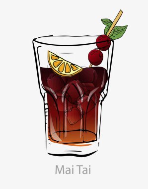 Mai Tai kokteyli. Koyu turuncu kokteyle ait buz küpleri dilimlenmiş kiraz tüpü yaprağı.