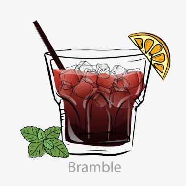 Bramble cocktail. All day alcoholic cocktail based gin blackberry liquor lemon juice sugar syrup. clipart