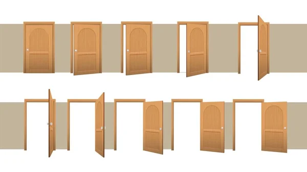 Zavřené a otevřené dveře. Animace postupně se otvírající dřevěné místnosti hnědé. — Stockový vektor