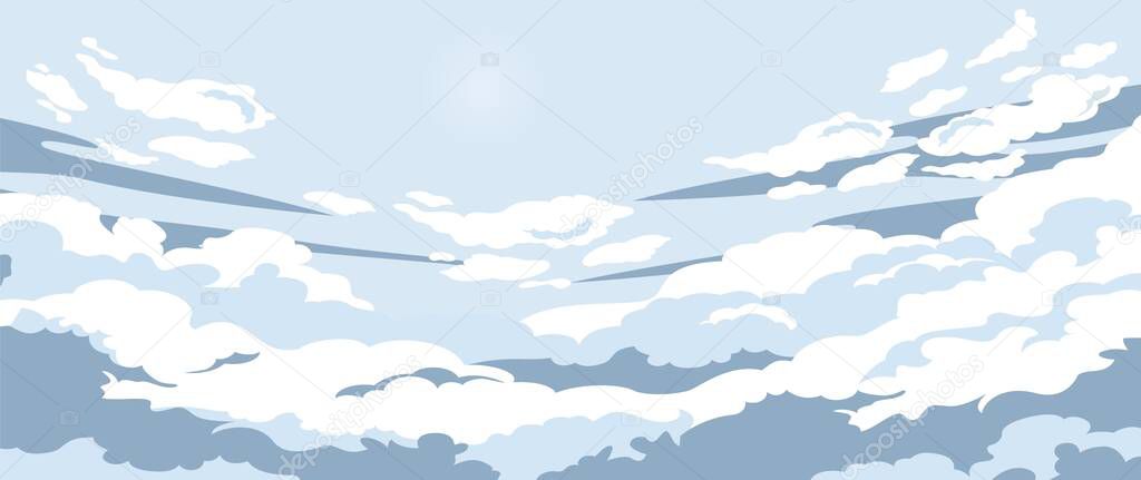 Cartoon evening sunset surrounded by clouds vector graphic illustration
