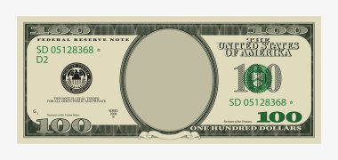 Yüz dolarlık şablon. Boş portre merkezli Amerikan banknotu.
