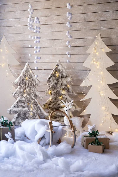 Decoraciones Navideñas Para Sesión Fotos Profesional Fondo Madera Lindo Árbol —  Fotos de Stock